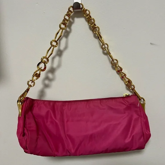 Brand New Authentic Prada Clutch Purse In Bright Pink-Medium Size-Gold Strap - Picture 2 of 5